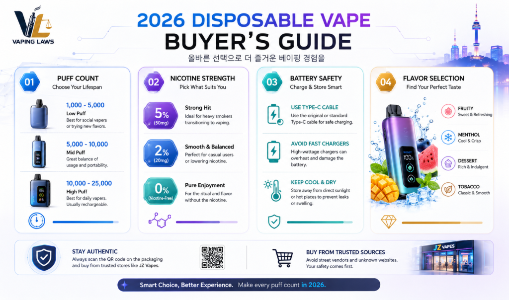 Disposable vape buying guide showing puff count, nicotine strength, and battery safety