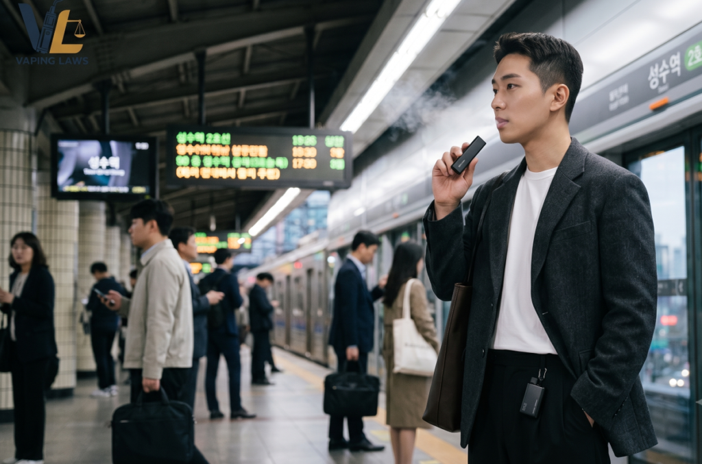 South Korean professionals using disposable vapes during daily city life