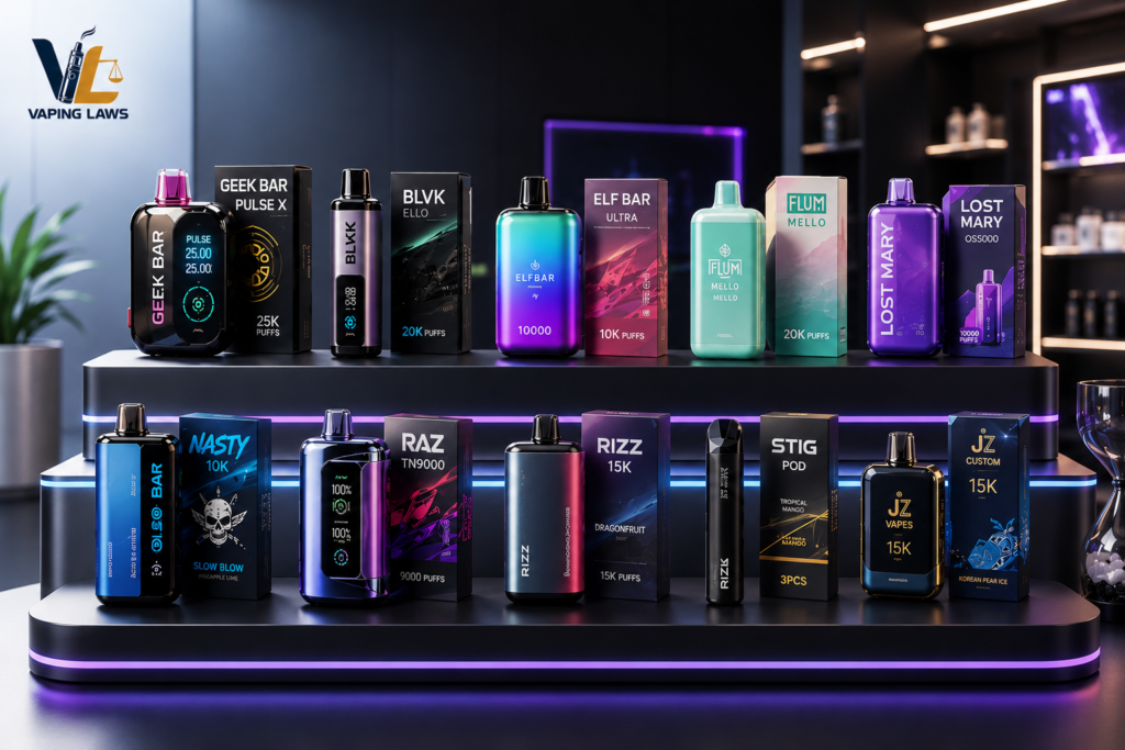 Top disposable vape brands of 2026 displayed in a premium showcase setup